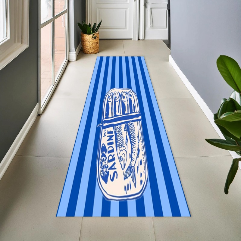 Commercial Kitchen Mats - Vintage Blue Striped Sardine Graphic Long